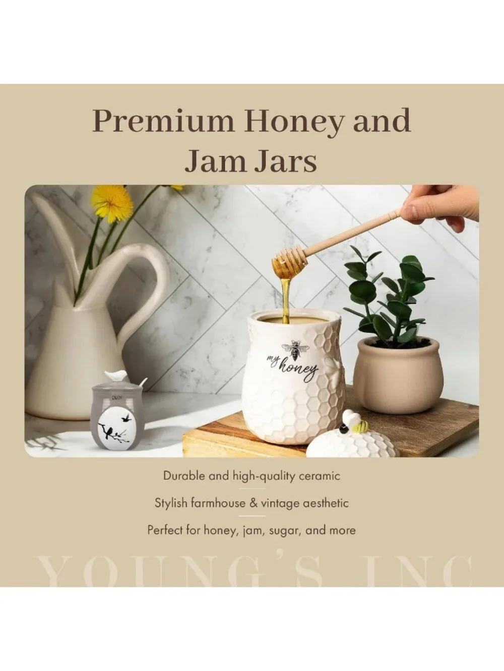 Ceramic Honey Jar with Lid & Wooden Dipper - Farmhouse Kitchen Decor, Tea